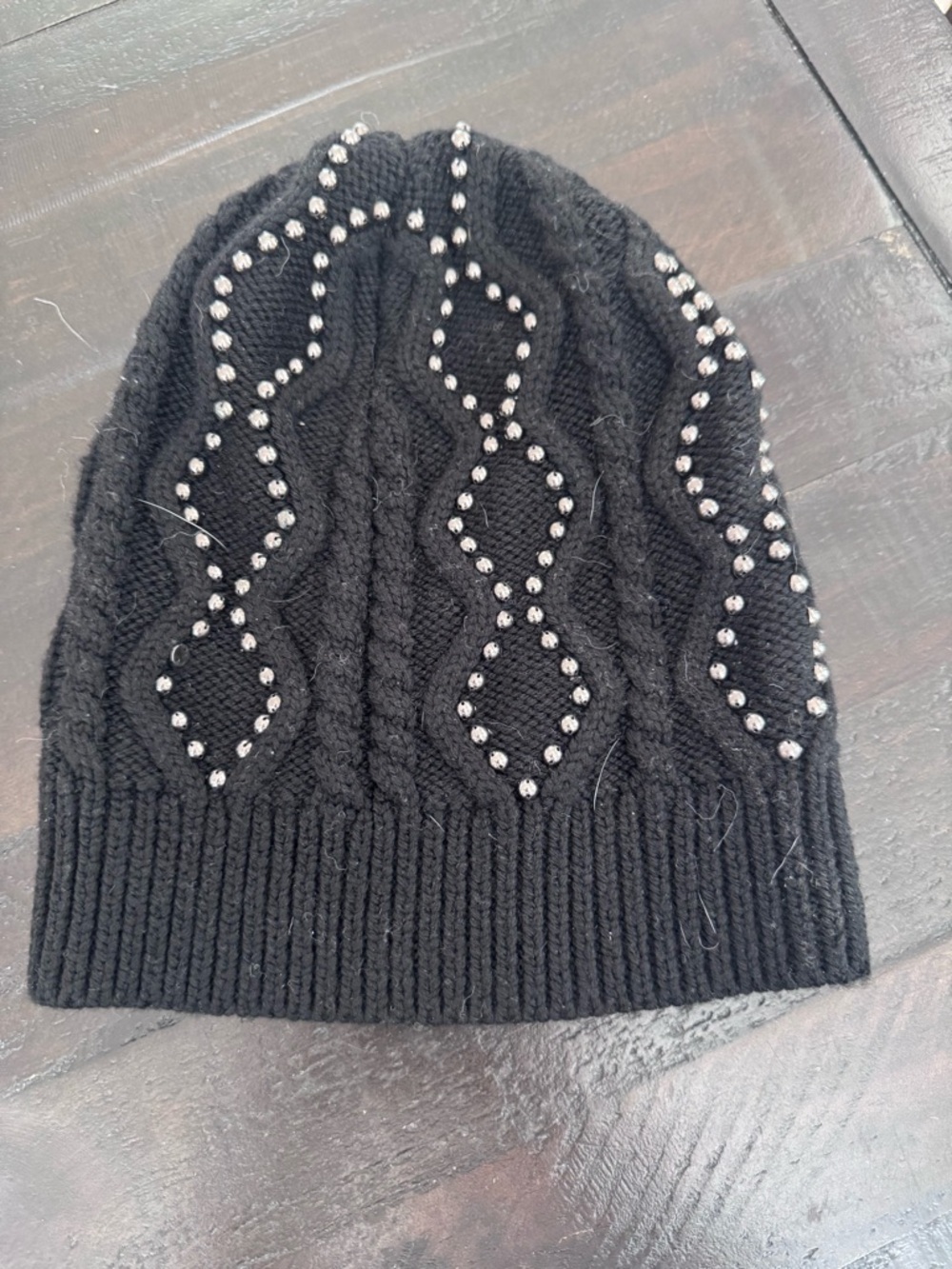 Club Monaco Black Beanie with Crystal Stud Accents